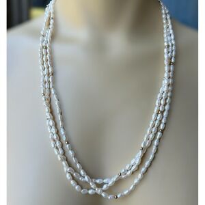 Vintage 3 Strand Pearl Necklace 24" Cultured‎ 14K Yellow Gold Beads Clasp 41.6g